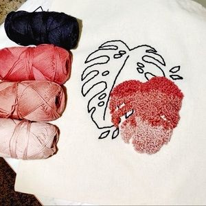 Hand embroidered tropical leaves canvas tote bag